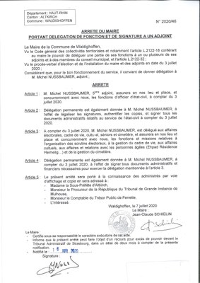 Arrêté du Maire : délégation pour M. NUSSBAUMER Michel