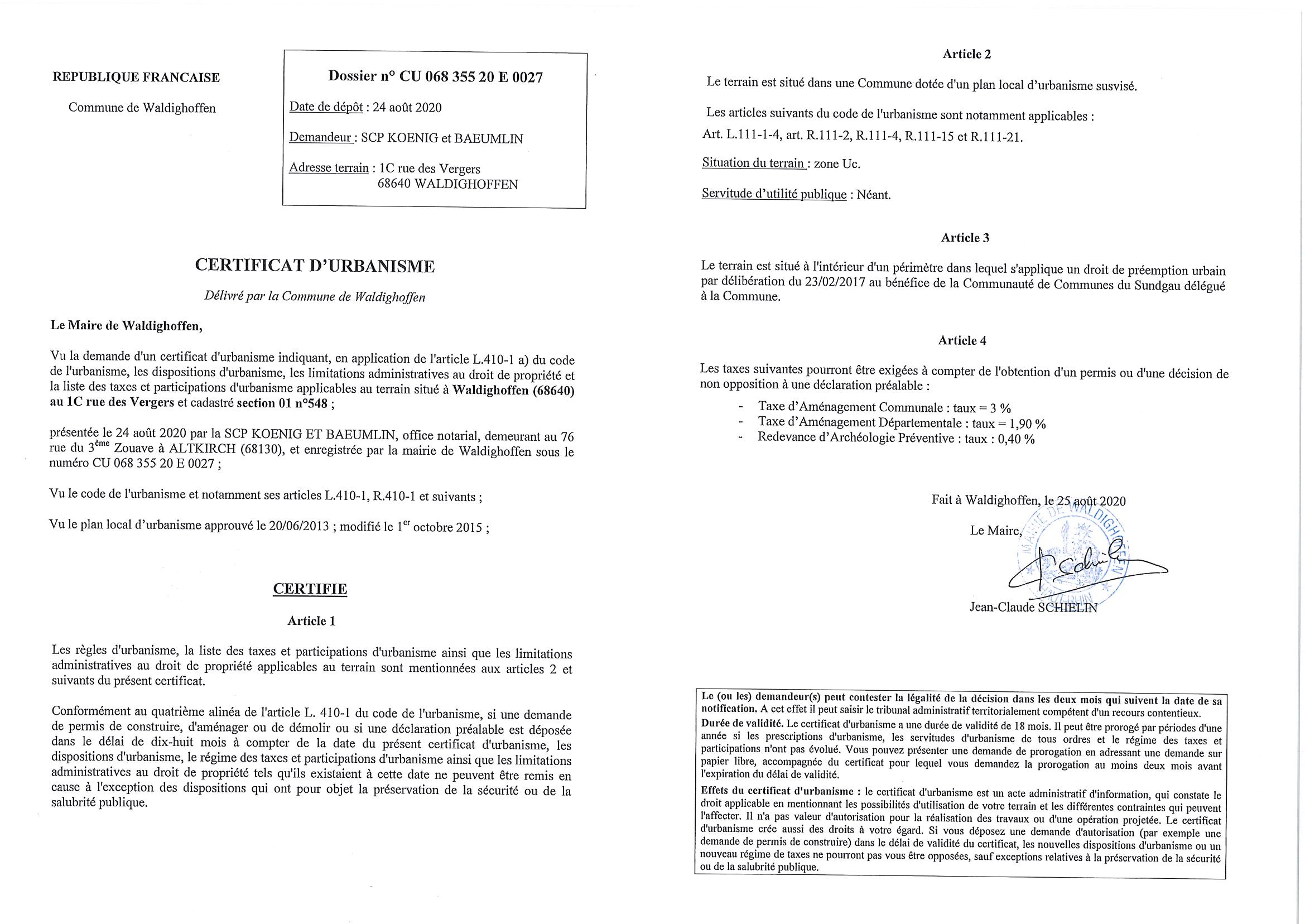 Certificat d'urbanisme établi pour la Scp Koenig et Baeumlin, Office notarial
