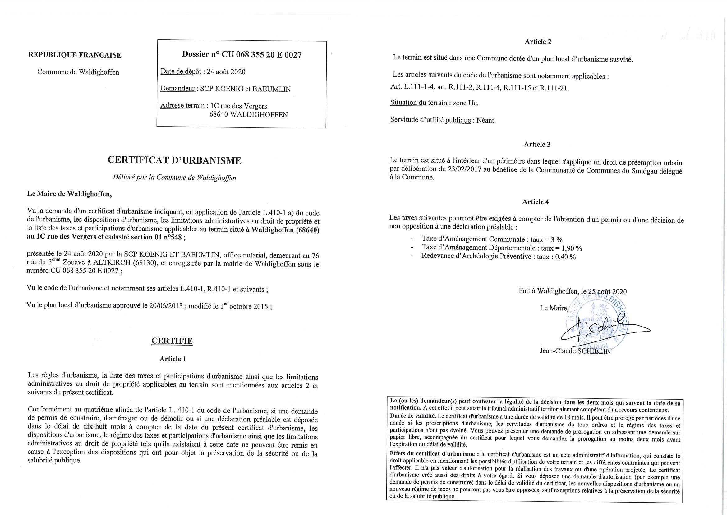 Certificat d'urbanisme établi pour la Scp Koenig et Baeumlin, Office notarial