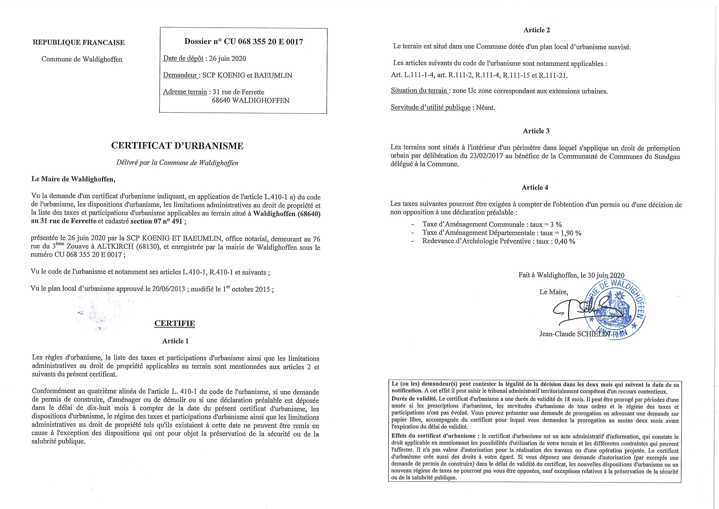 Certificat d'urbanisme établi pour la Scp Koenig et Baeumlin