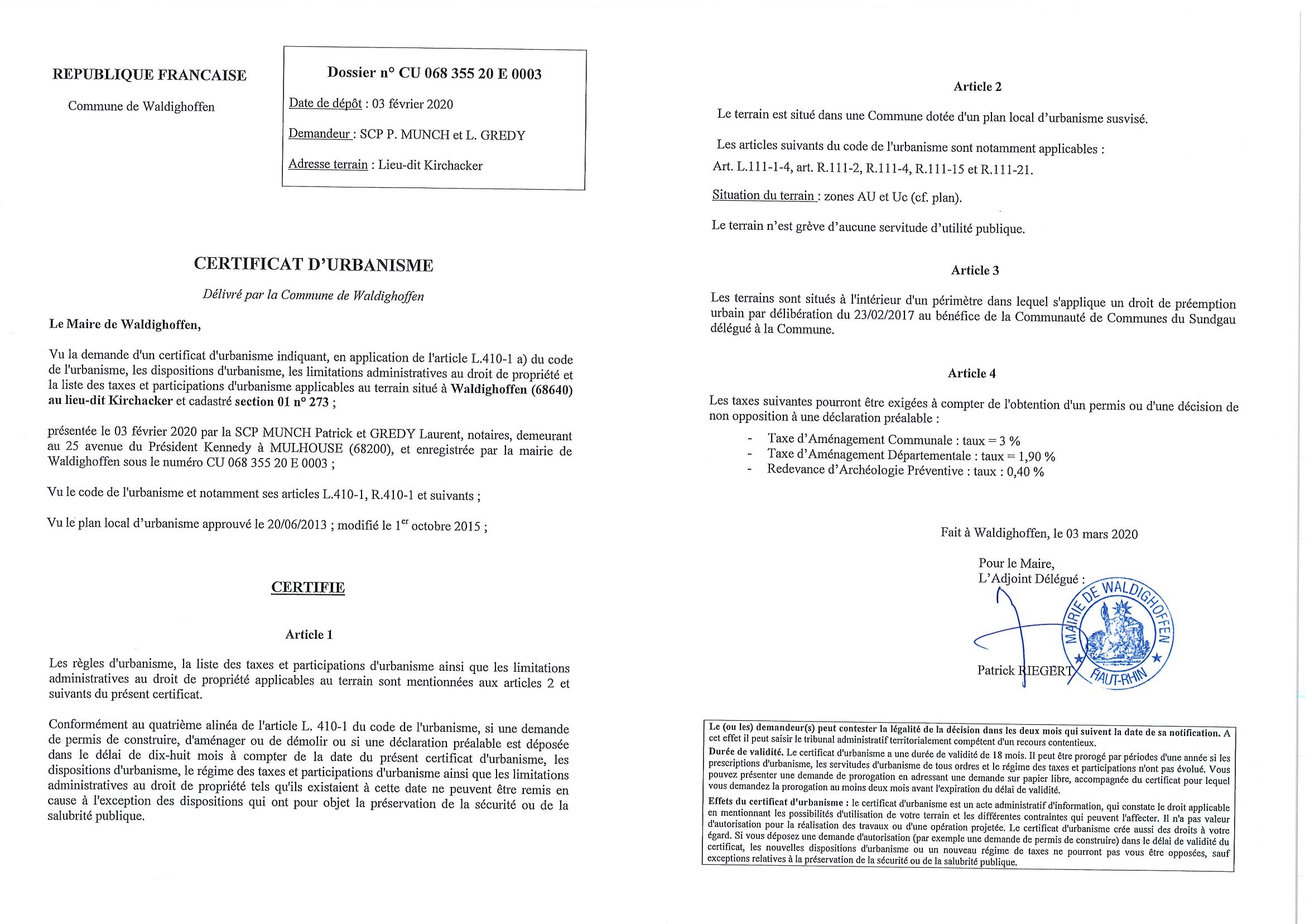 Certificat d'urbanisme établi pour la Scp Munch et Gredy, Office notarial
