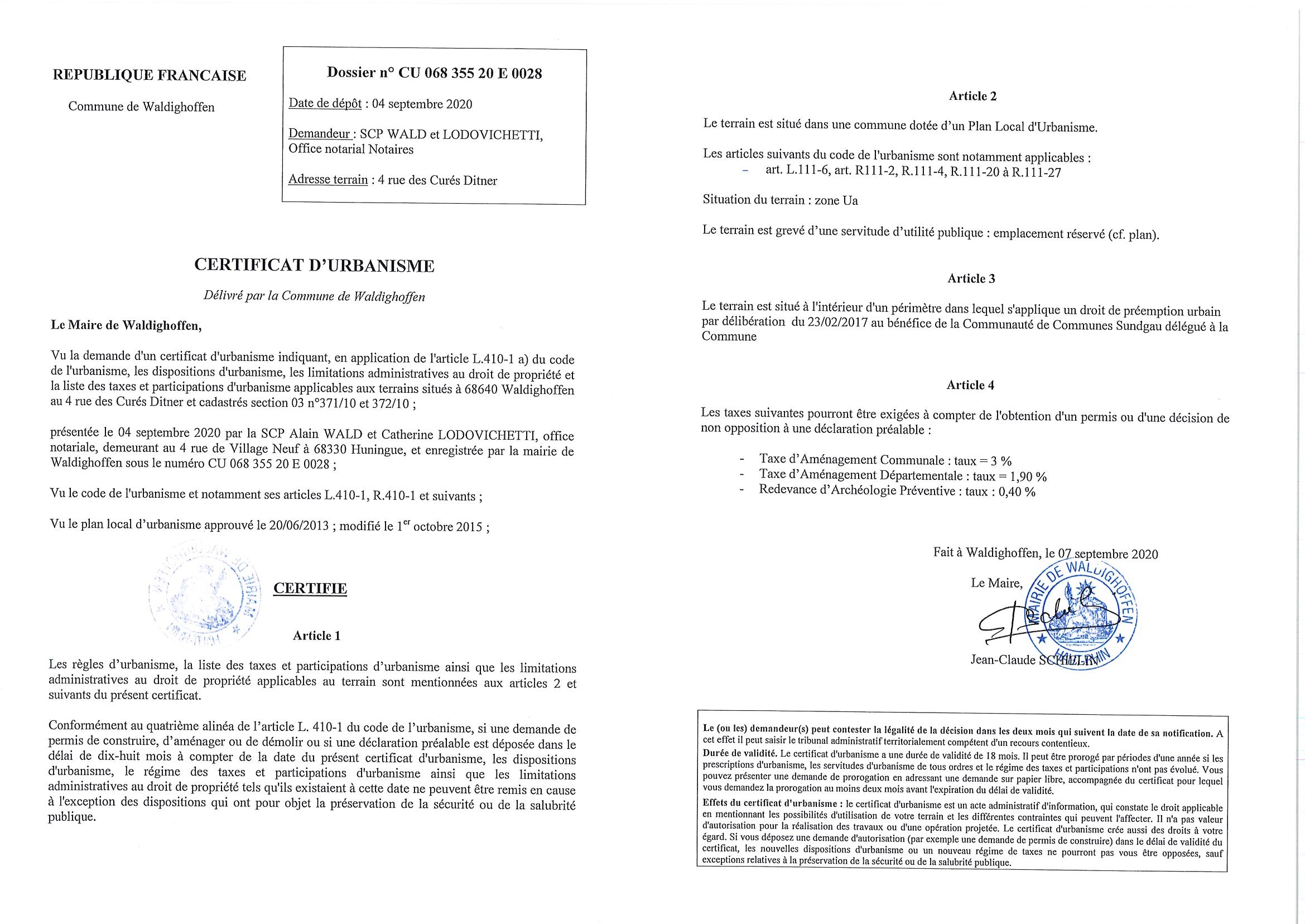 Certificat d'urbanisme établi pour la Scp Wald et Lodovichetti, Office notarial