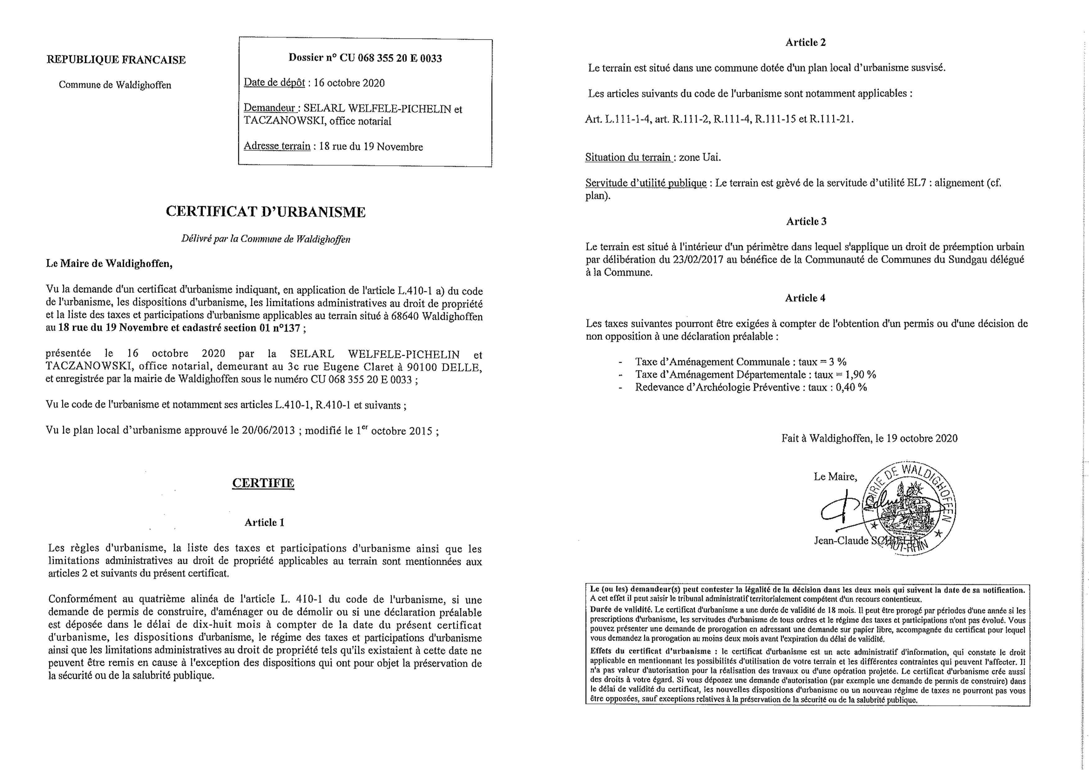 Certificat d'urbanisme établi pour la Selarl Welfele-Pichelin et Taczanowski, office notarial