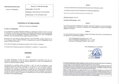 Certificat d'urbanisme établi pour Maître Bertrand Taczanowski, notaire