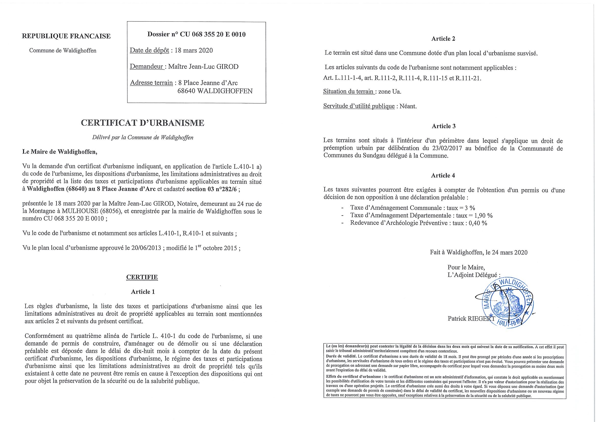 Certificat d'urbanisme établi pour Maître Girod Jean-Luc