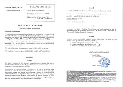 Certificat d'urbanisme établi pour Maître Girod Jean-Luc