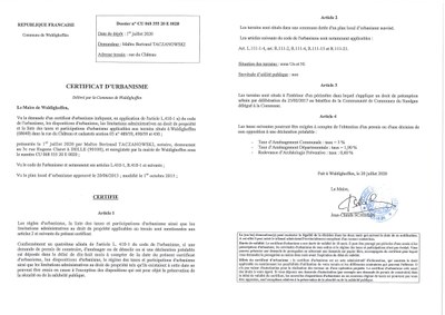 Certificat d'urbanisme établi pour Maître Taczanowski Bertrand, notaire
