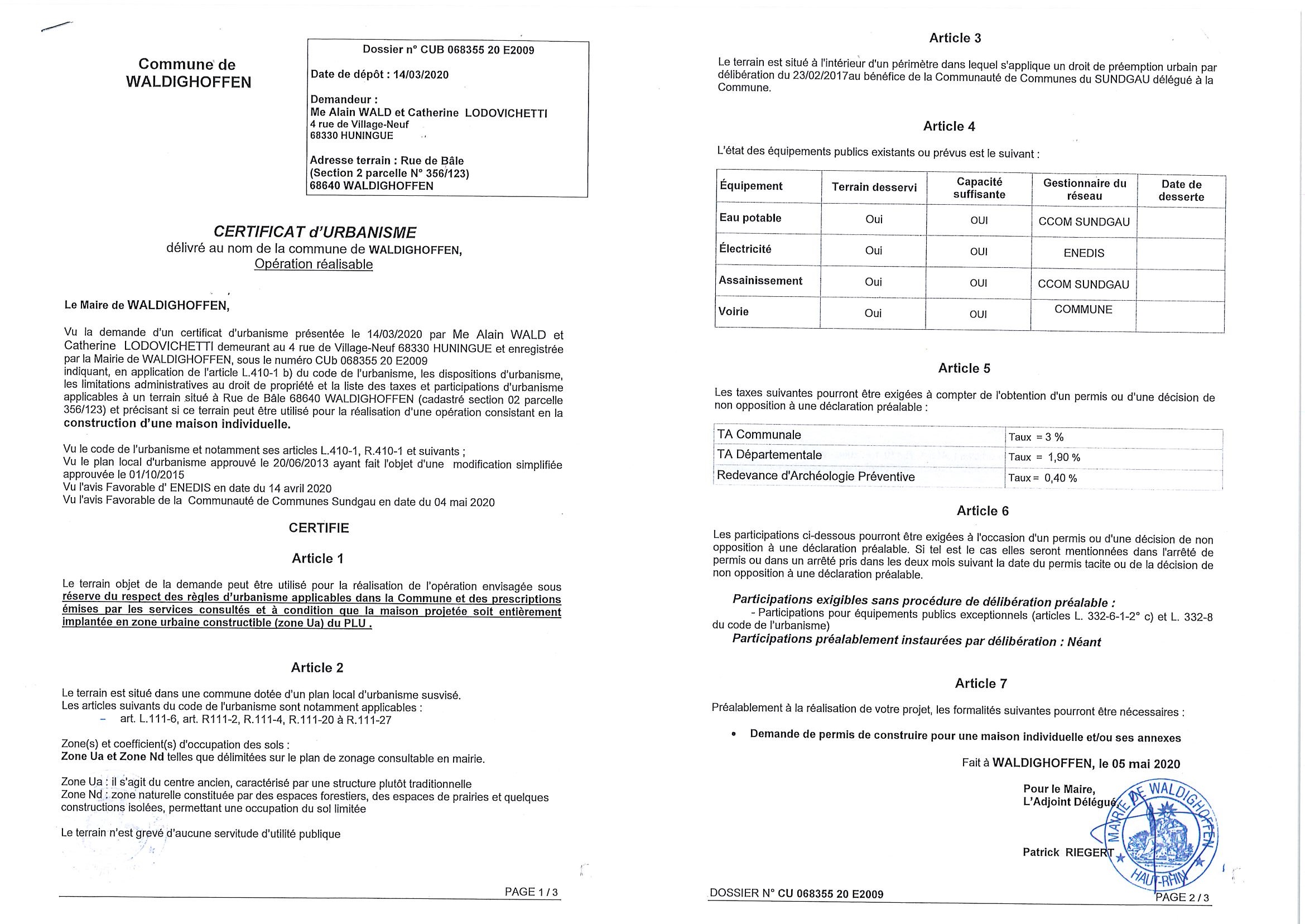 Certificat d'urbanisme opérationnel établi pour a SCP Wald et Lodovichetti