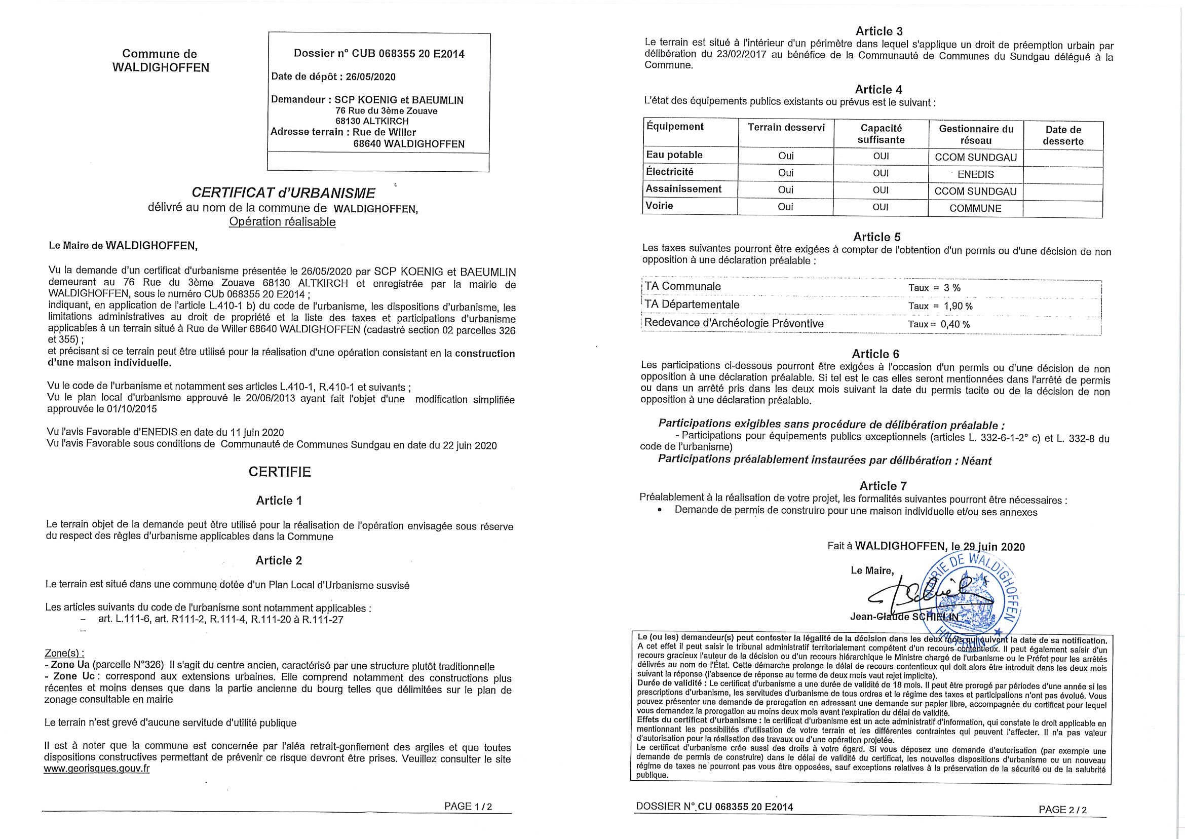 Certificat d'urbanisme opérationnel établi pour la Scp Koenig et Baeumlin