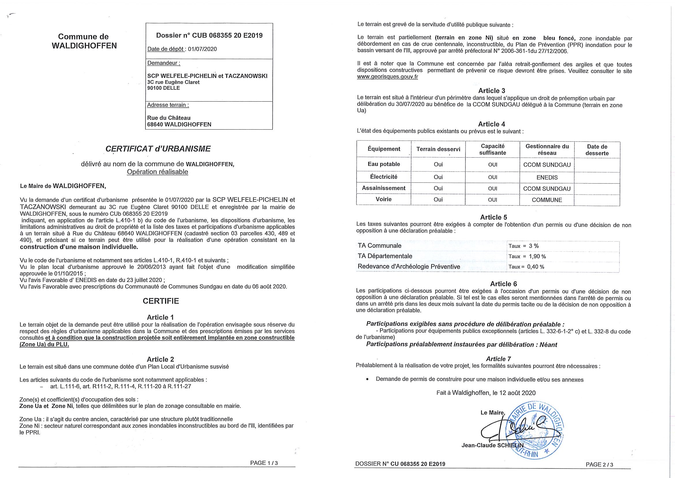 Certificat d'urbanisme opérationnel établi pour la Scp Welfele-Pichelin et Taczanowski, Office notarial