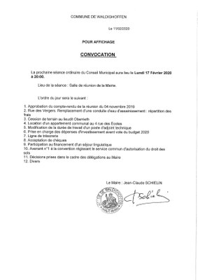 Convocation du Conseil Municipal le lundi 17 février 2020