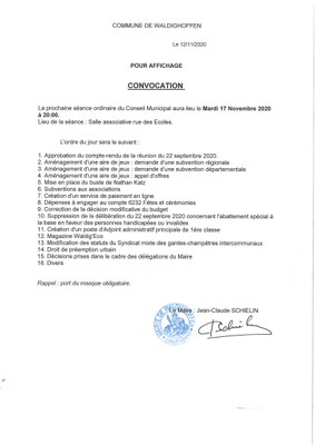 Convocation du Conseil Municipal le mardi 17 novembre 2020