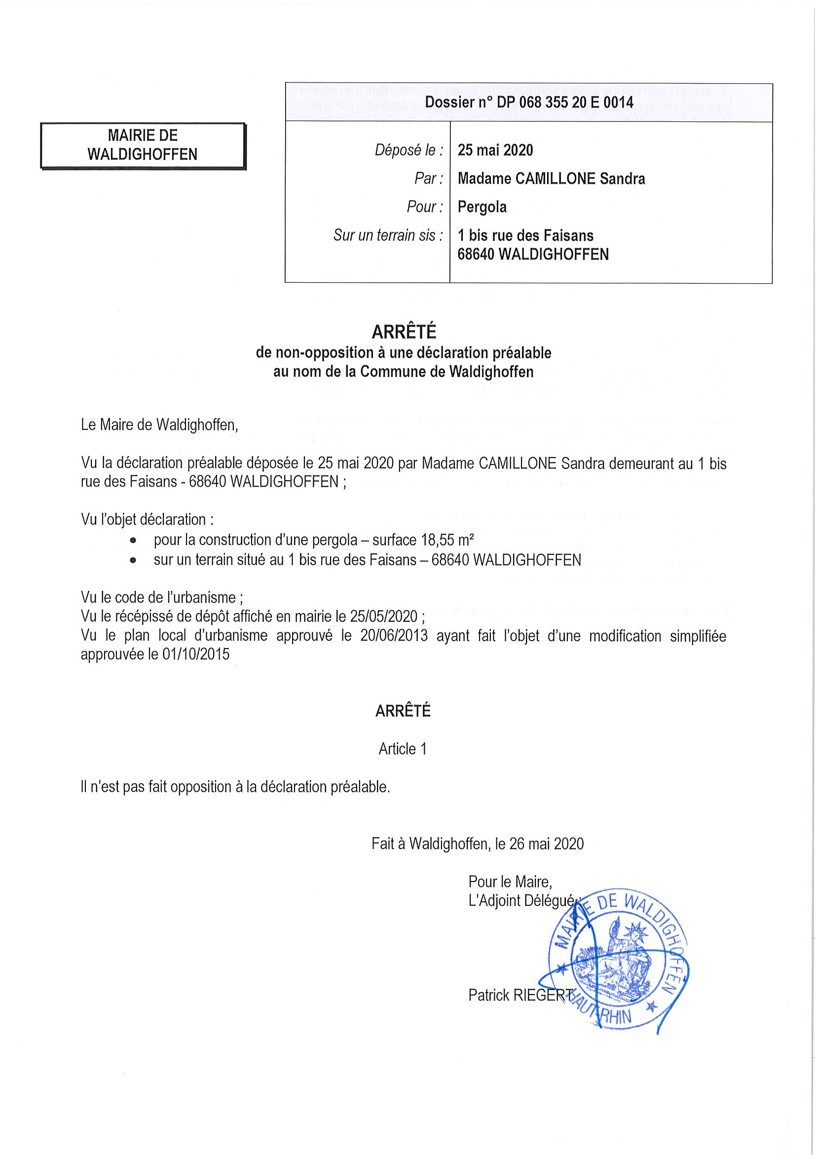 Décision à la demande d'autorisation de Madame Camillone Sandra