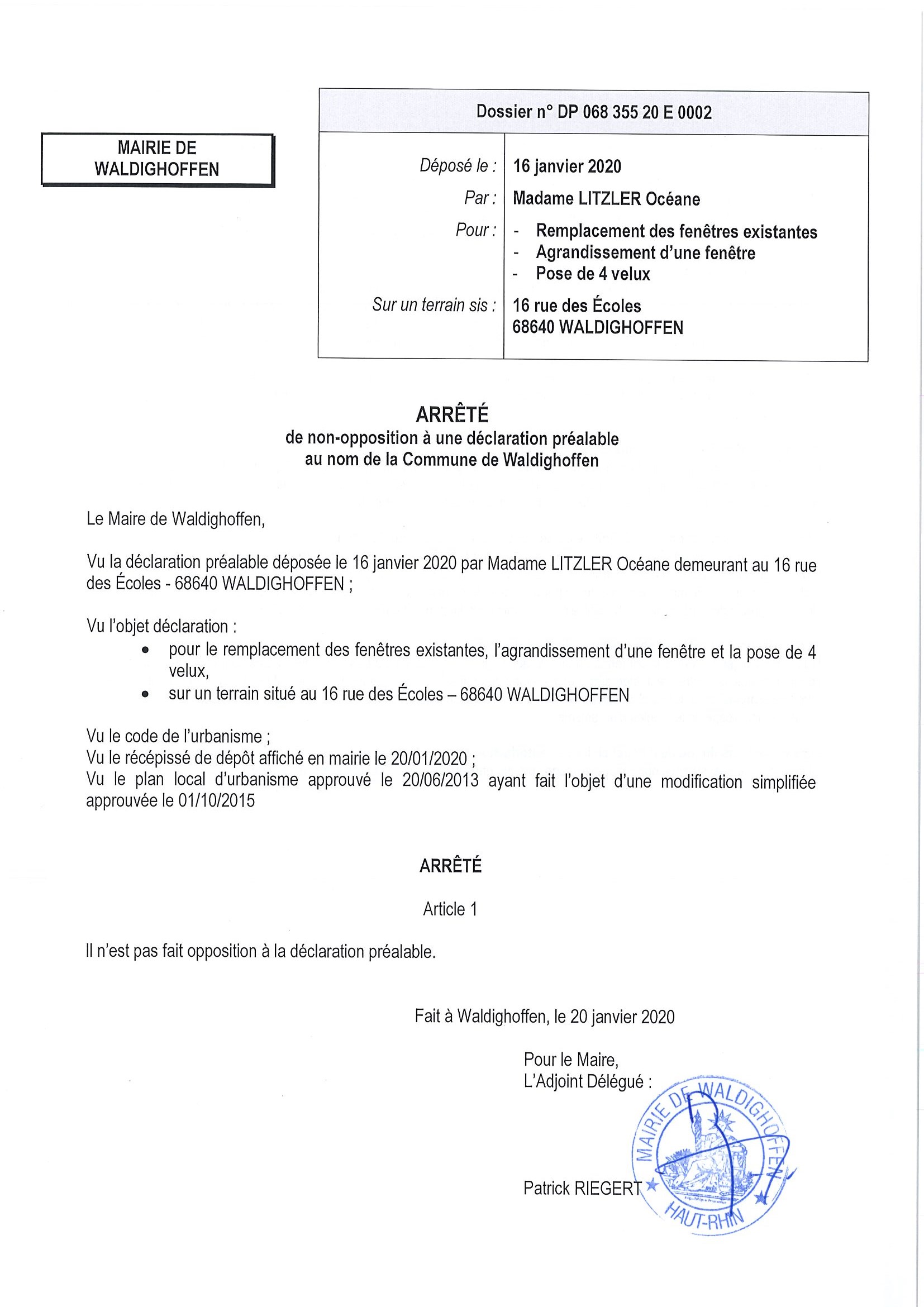Décision à la demande d'autorisation de Madame Litzler Océane