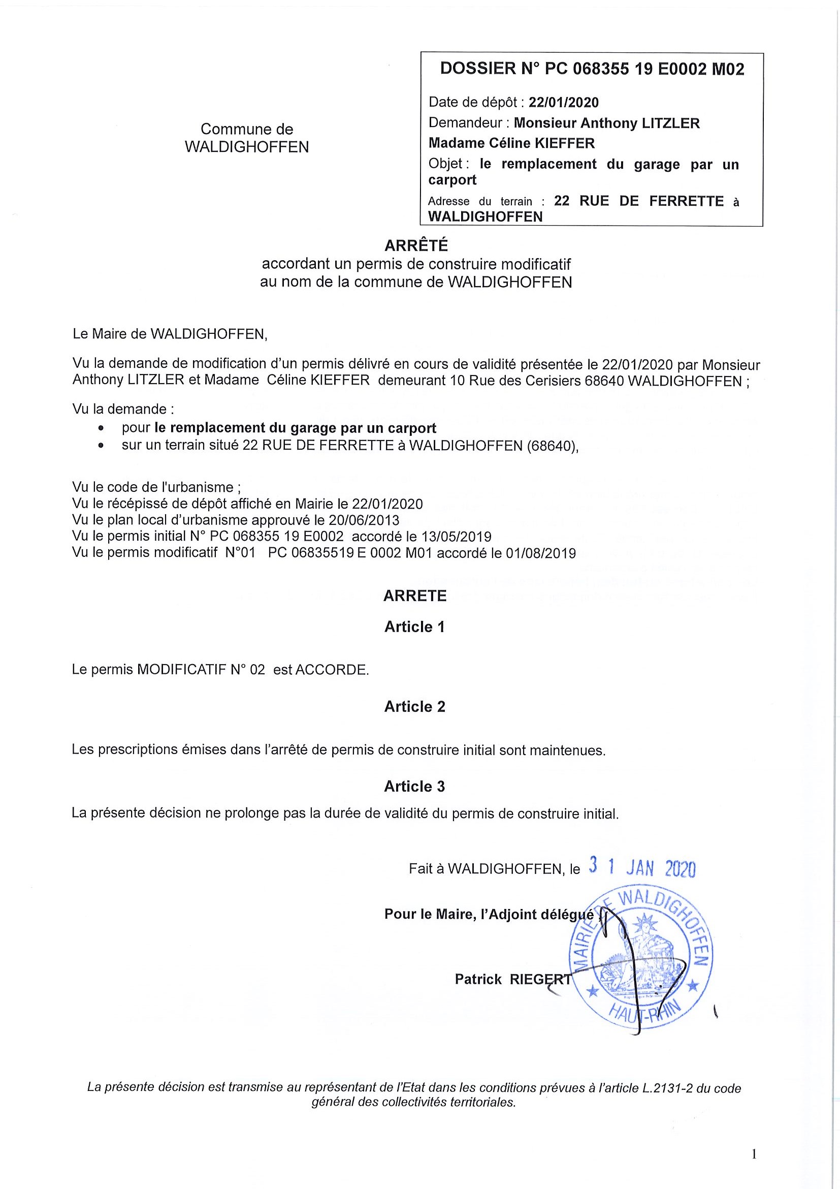 Décision à la demande de modificatin du permis de construire de Monsieur Litzler et Madame Kieffer