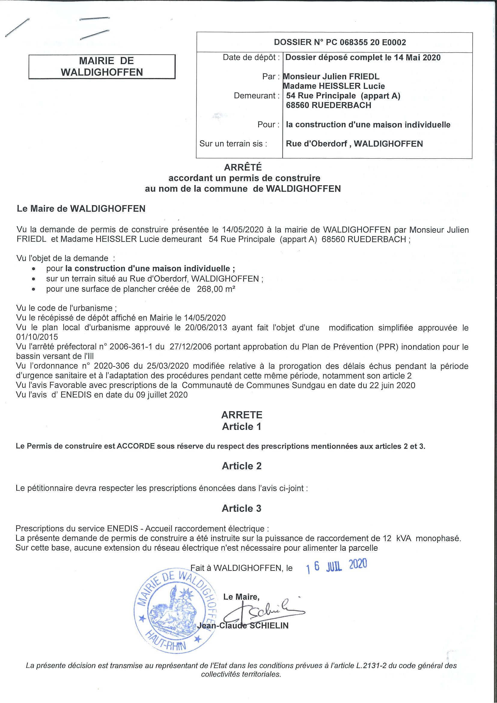 Décision à la demande de permis de construire de M. Friedl et Mme Heissler