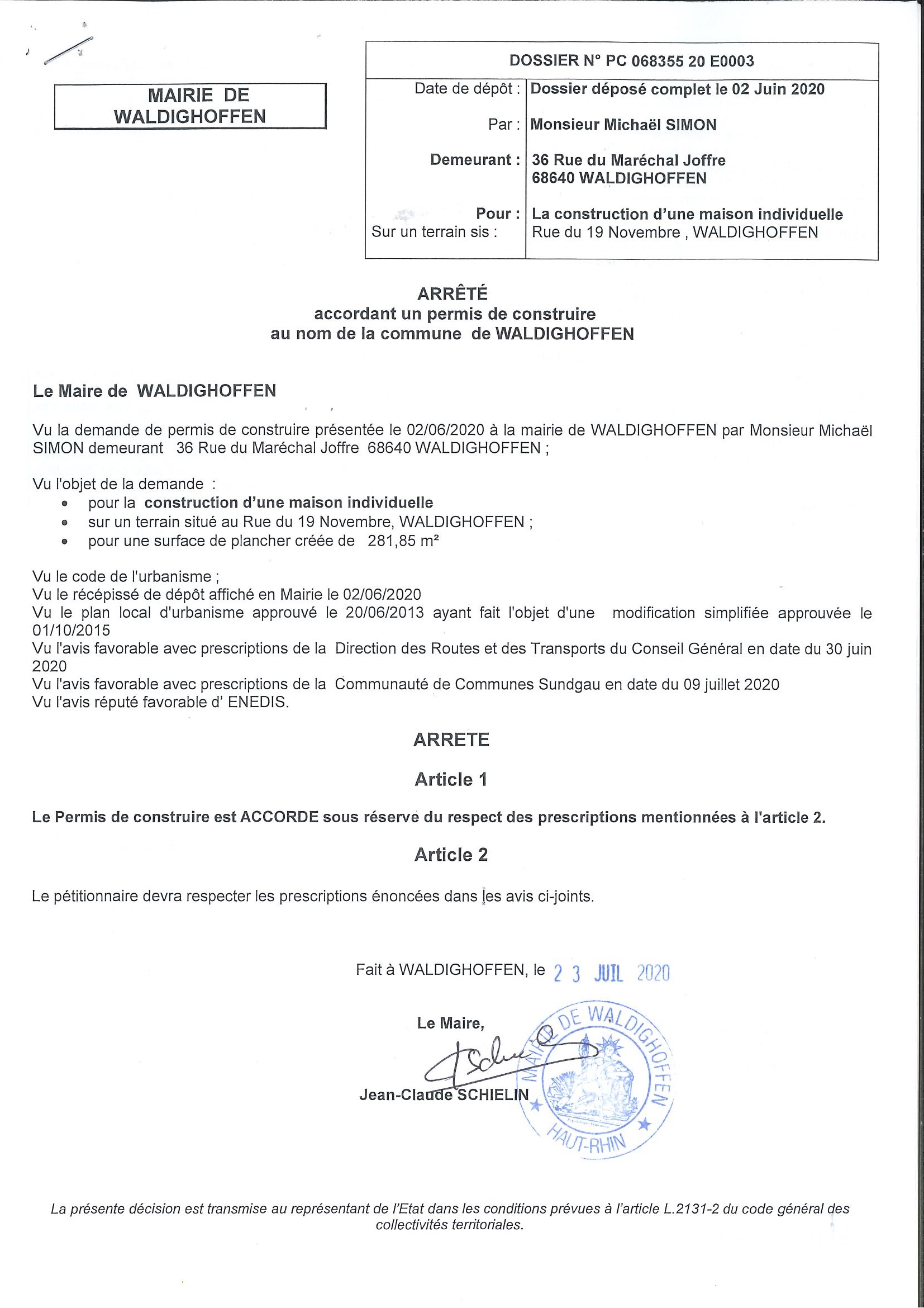 Décision à la demande de permis de construire de M. Simon Michaël