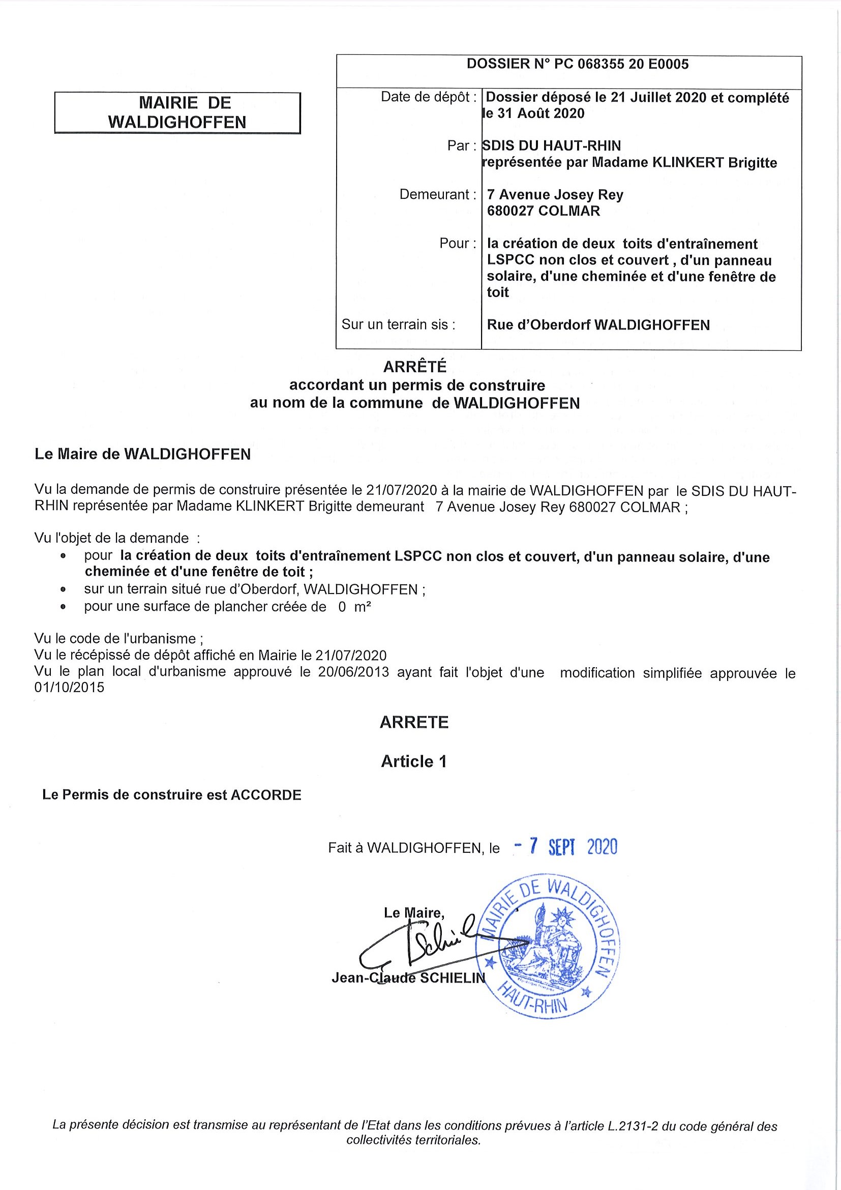 Décision à la demande de permis de construire du Sdis 68