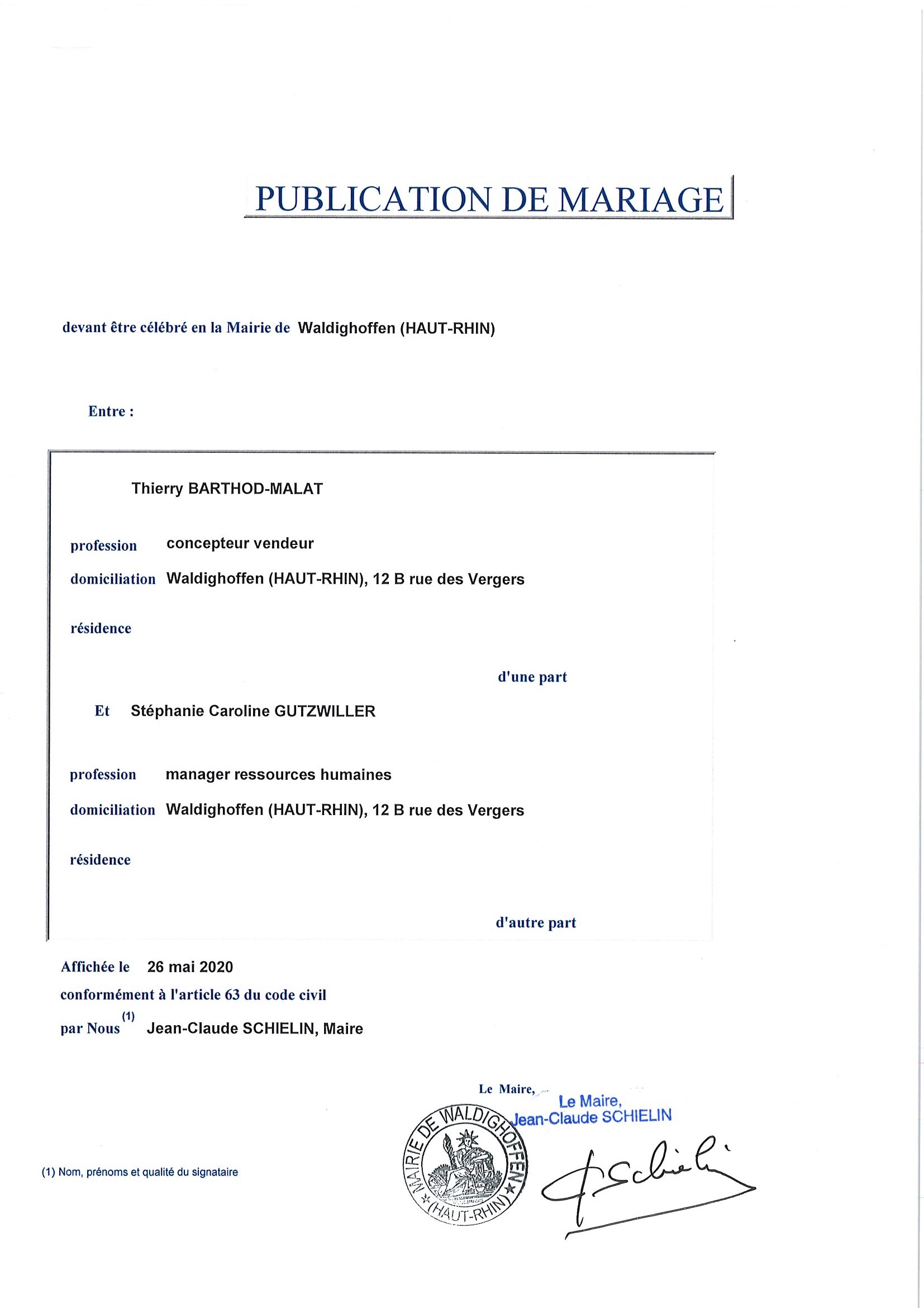 Publication de mariage entre M. BARTHOD-MALAT Thierry et Mme GUTZWILLER Stéphanie