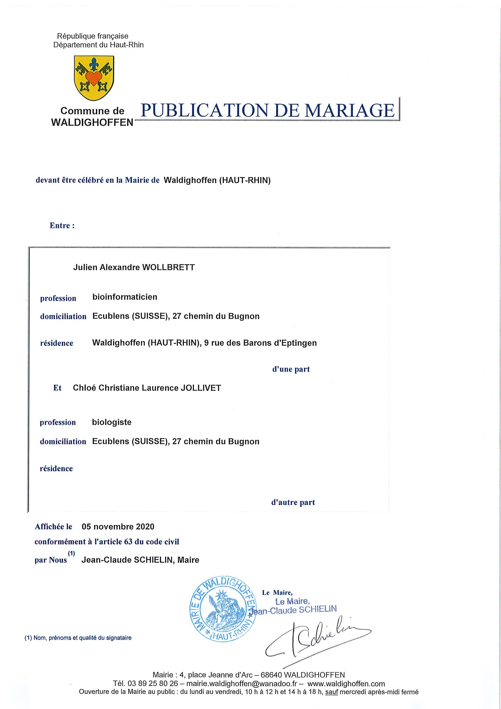Publication de mariage entre M. Julien WOLLBRETT et Mme Chloé JOLLIVET