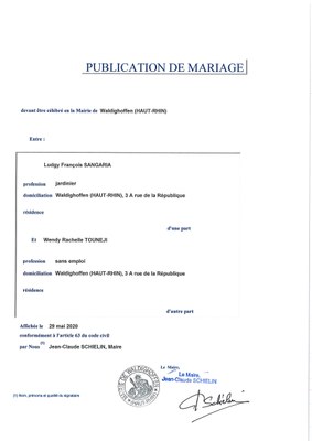 Publication de mariage entre M. SANGARIA Ludgy et Mme TOUNEJI Wendy