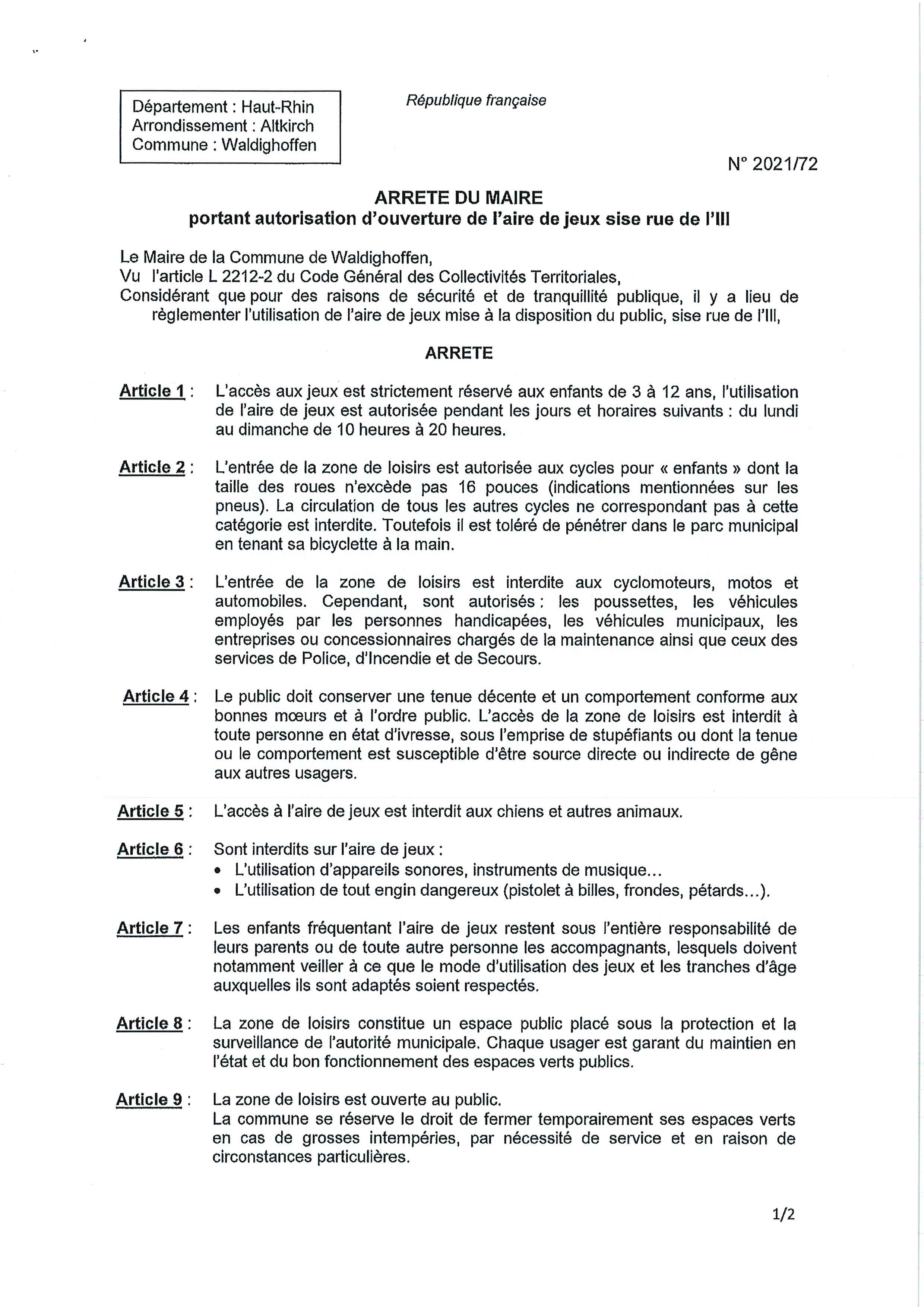 Arrêté 2021.72 - aire de jeux