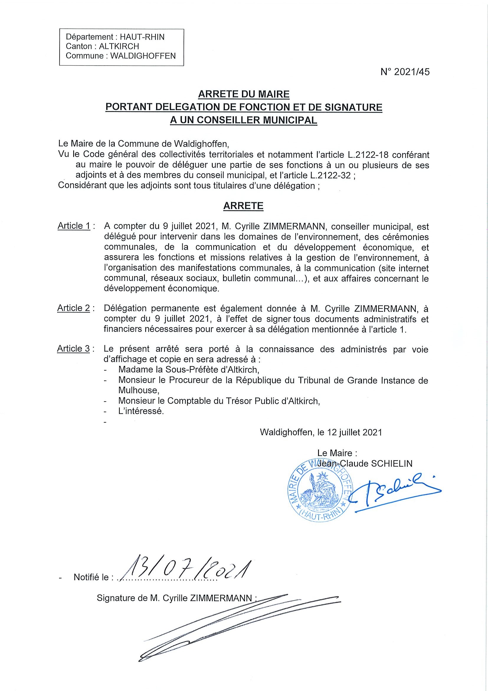 Arrêté du Maire - délégation à M. Cyrille Zimmermann