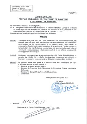 Arrêté du Maire - délégation à M. Cyrille Zimmermann