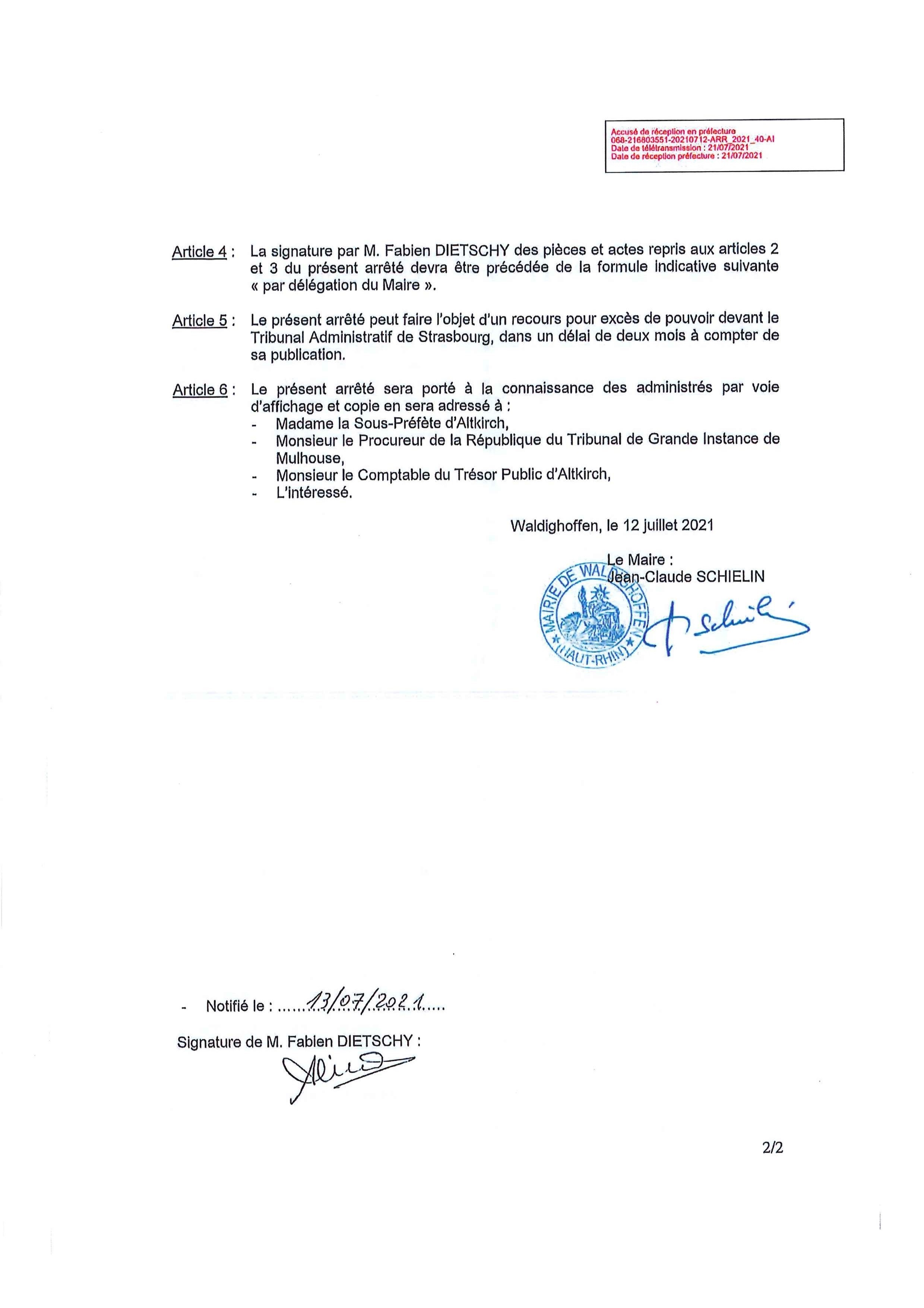 Arrêté du Maire - délégation à M. Fabien Dietschy