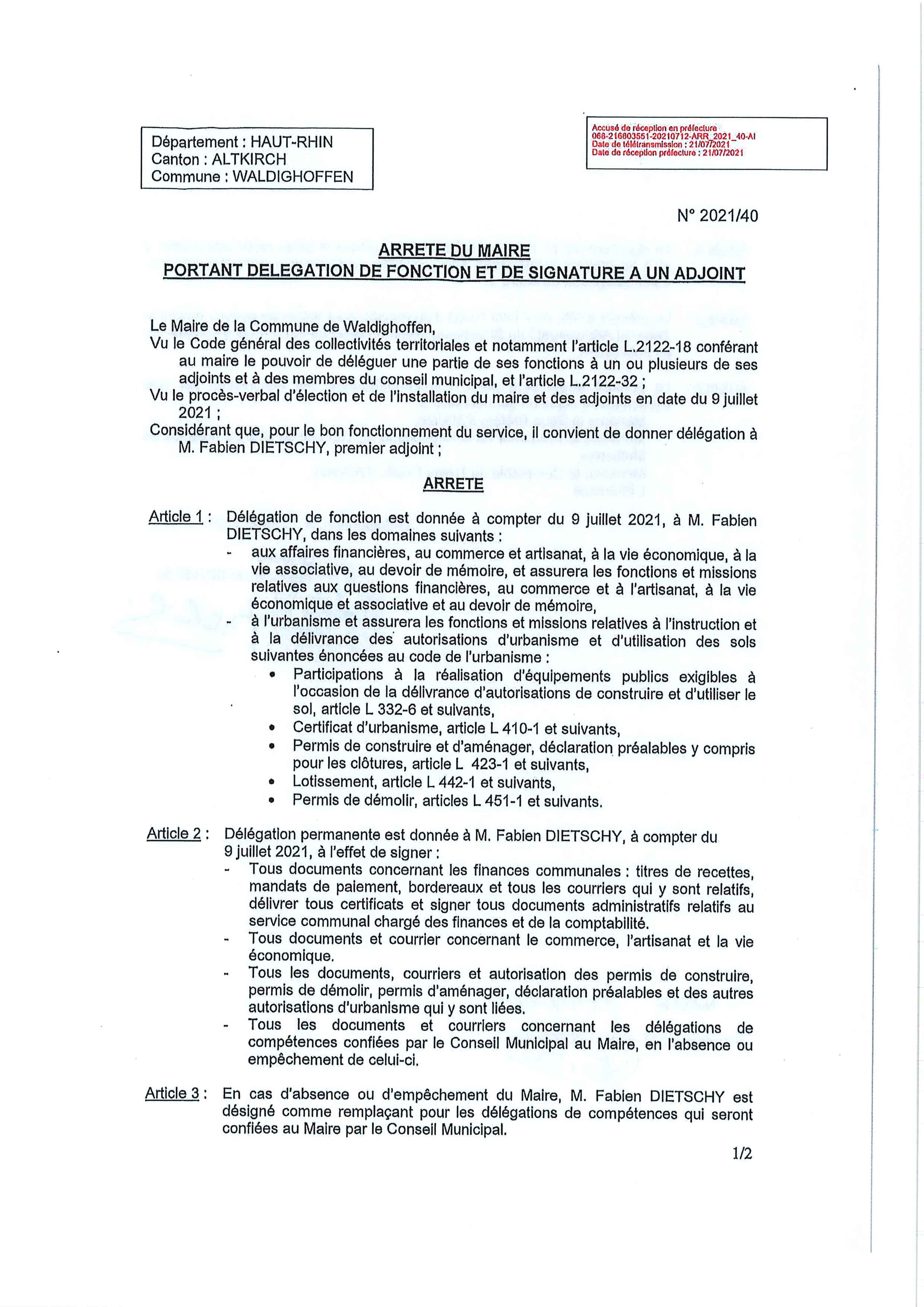 Arrêté du Maire - délégation à M. Fabien Dietschy
