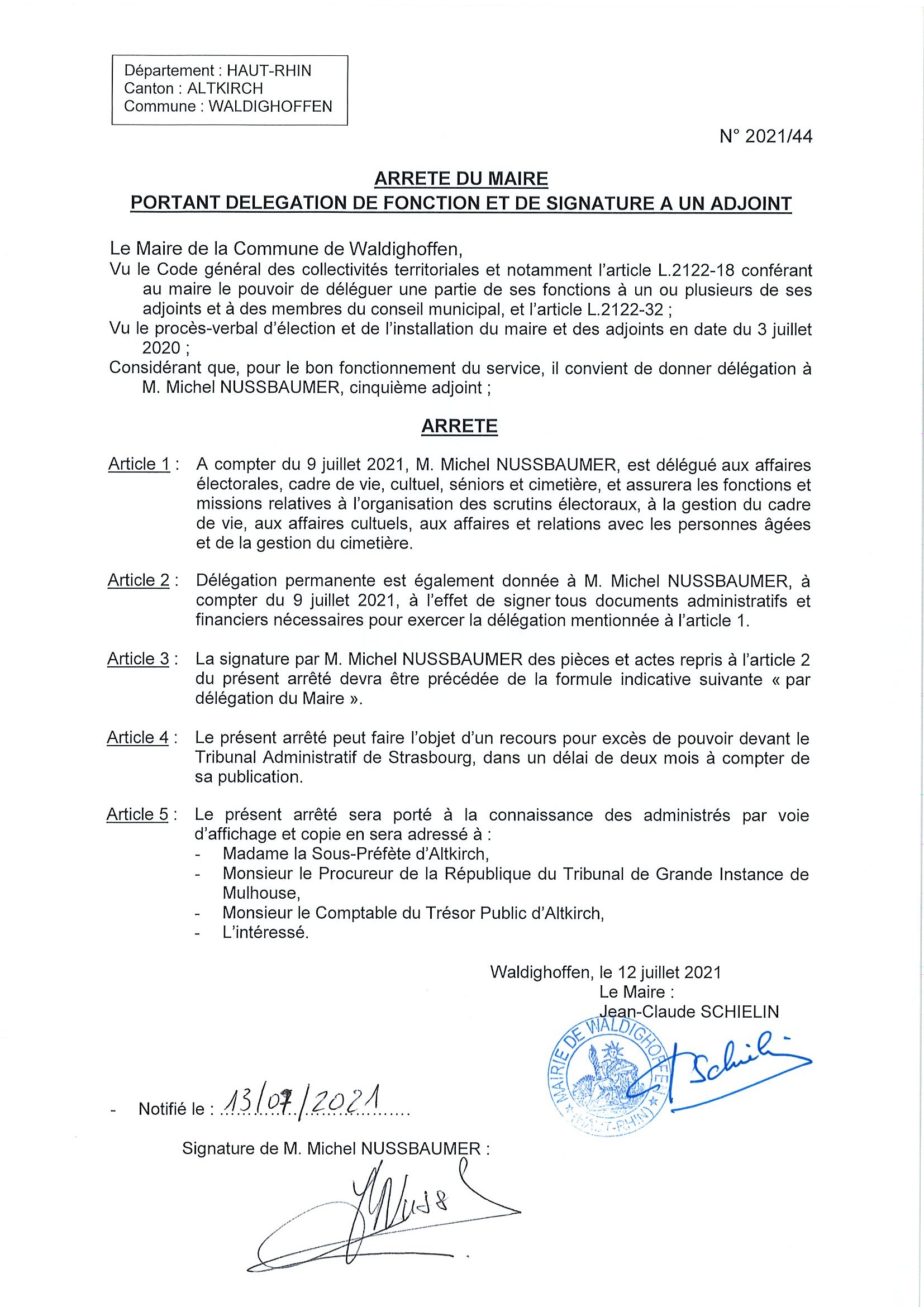 Arrêté du Maire - délégation à M. Michel Nussbaumer