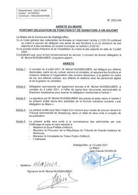 Arrêté du Maire - délégation à M. Michel Nussbaumer