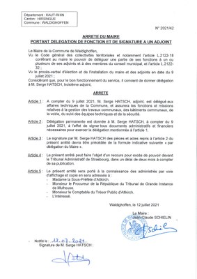 Arrêté du Maire - délégation à M. Serge Hatsch