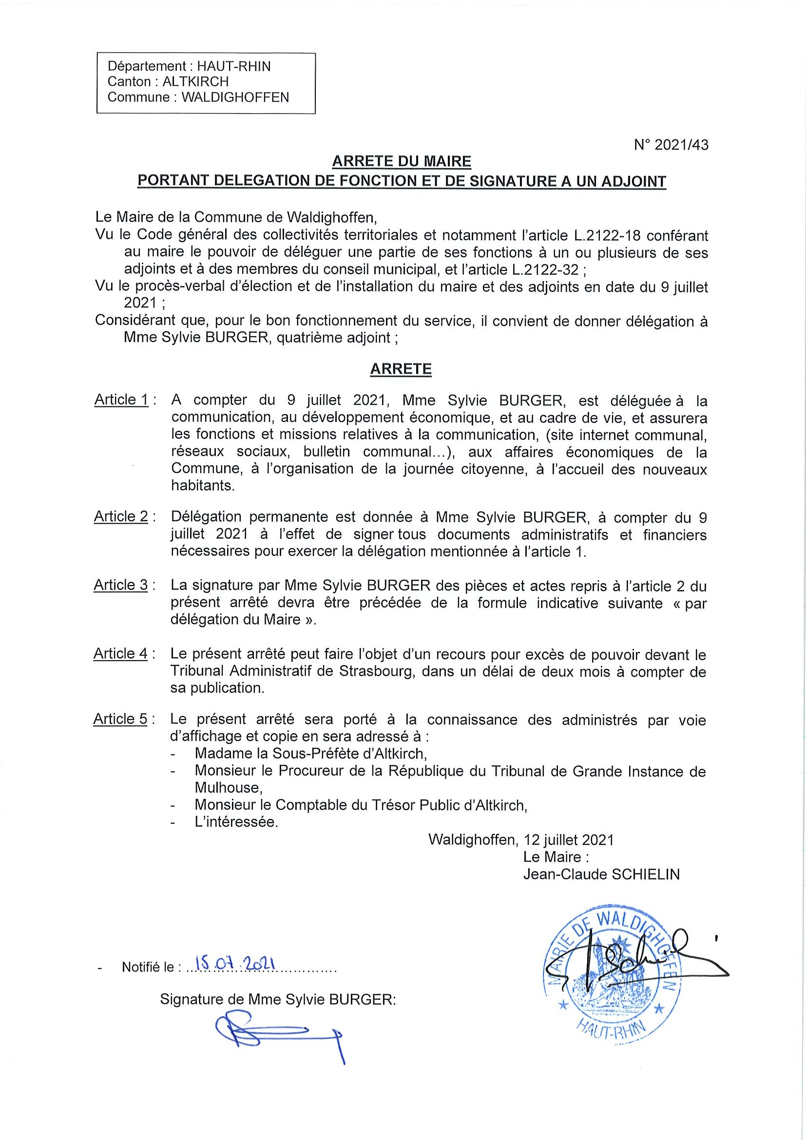 Arrêté du Maire - délégation à Mme Sylvie Burger