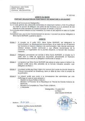 Arrêté du Maire - délégation à Mme Sylvie Burger