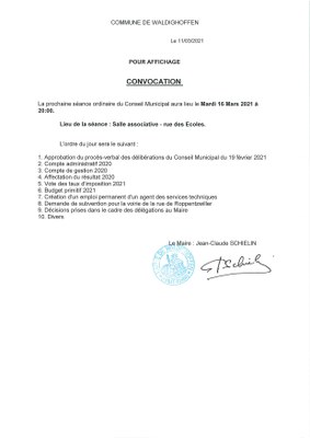 Convocation du Conseil Municipal le mardi 16 mars 2021