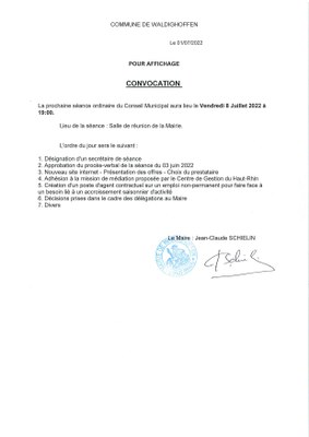 Convocation du conseil municipal de Waldighoffen le 08 juillet 2022