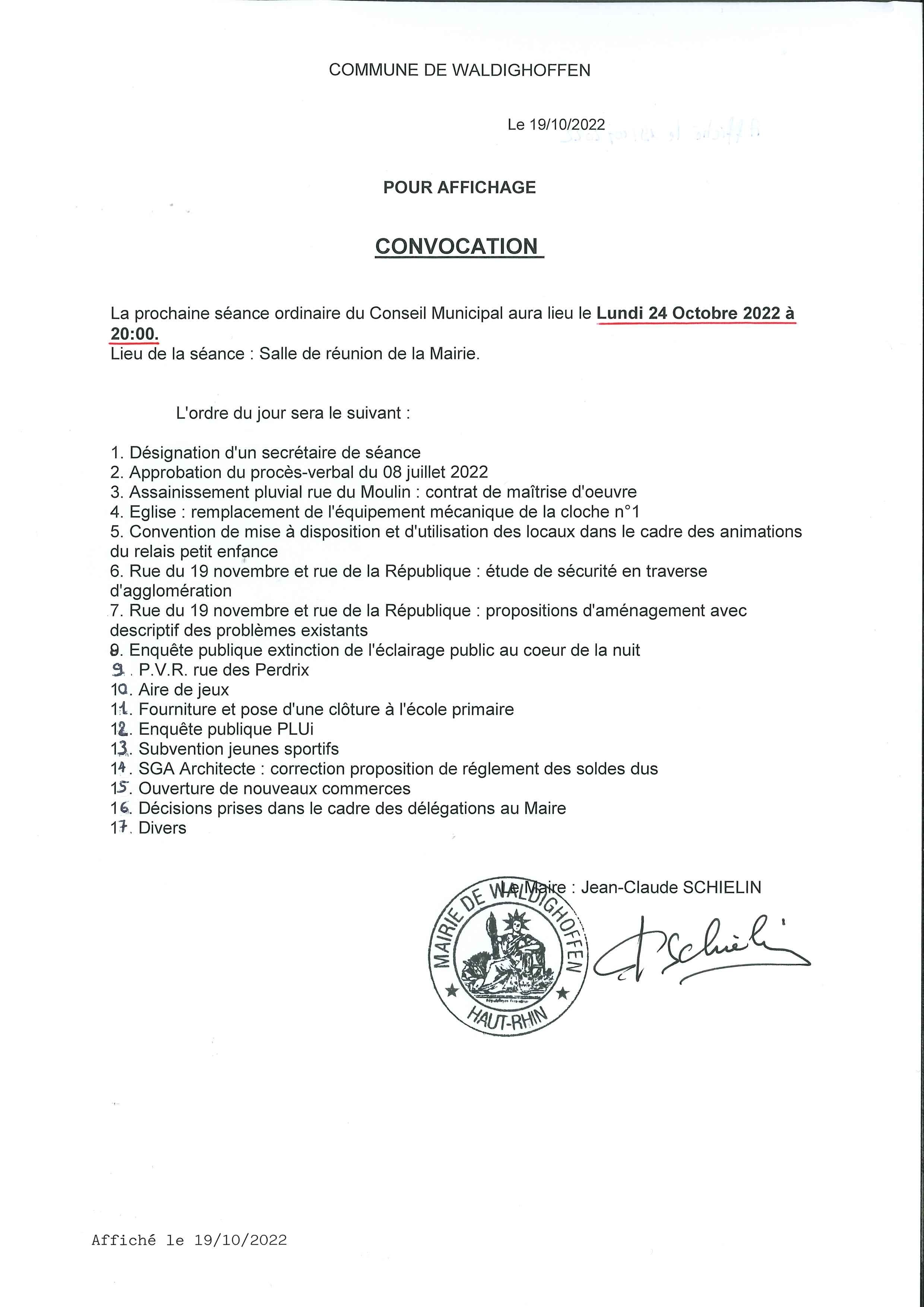Convocation du conseil municipal du 24 octobre 2022