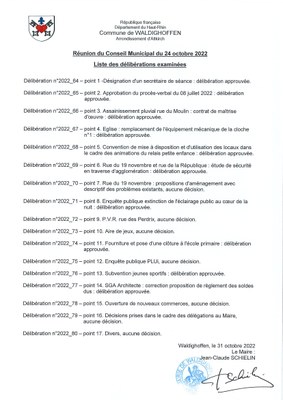 Liste des délibérations examinées - séance du 24 octobre 2022