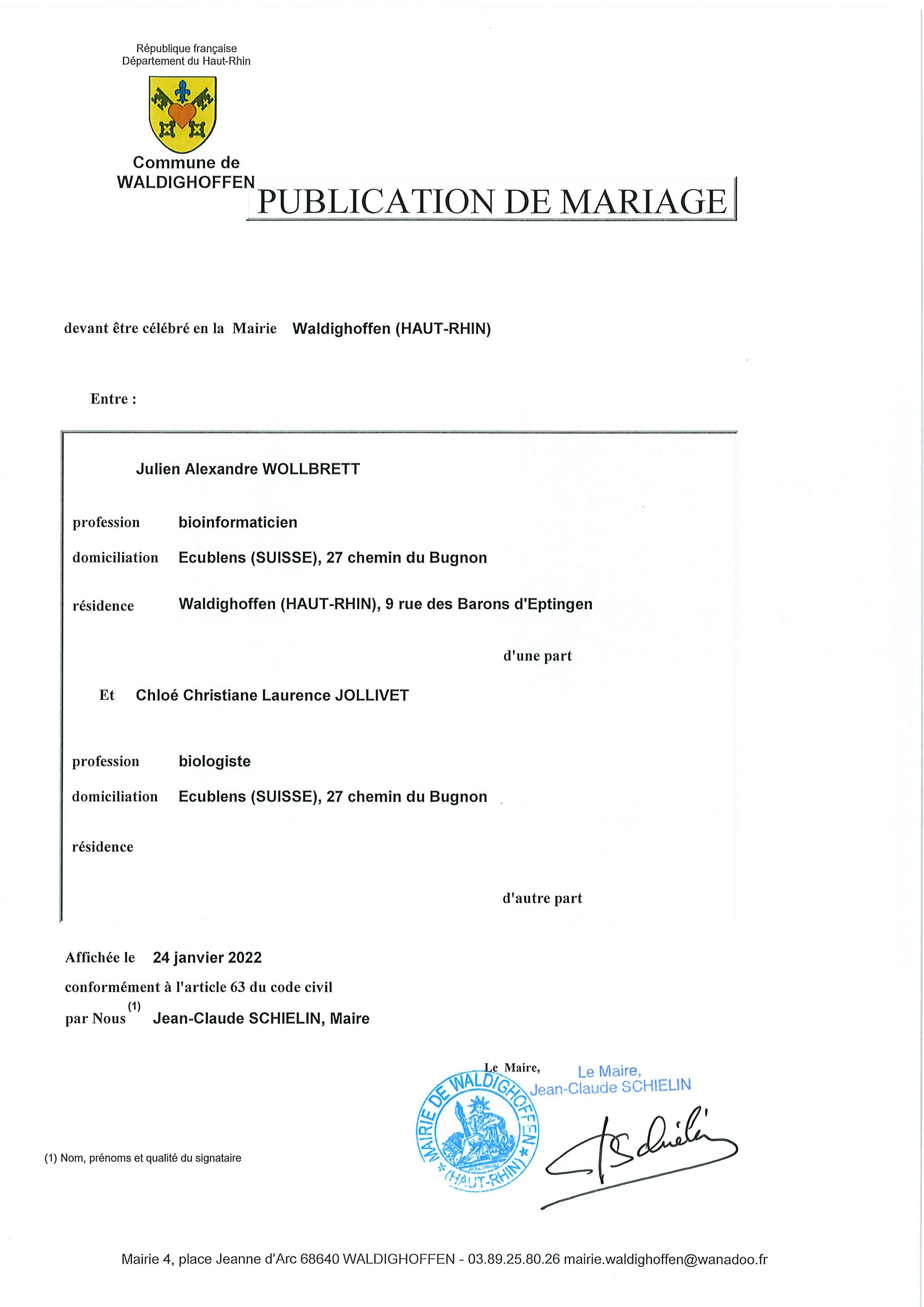 Publication de mariage entre M. Julien WOLLBRETT et Mme Chloé JOLLIVET