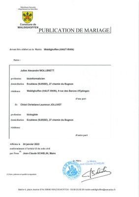 Publication de mariage entre M. Julien WOLLBRETT et Mme Chloé JOLLIVET