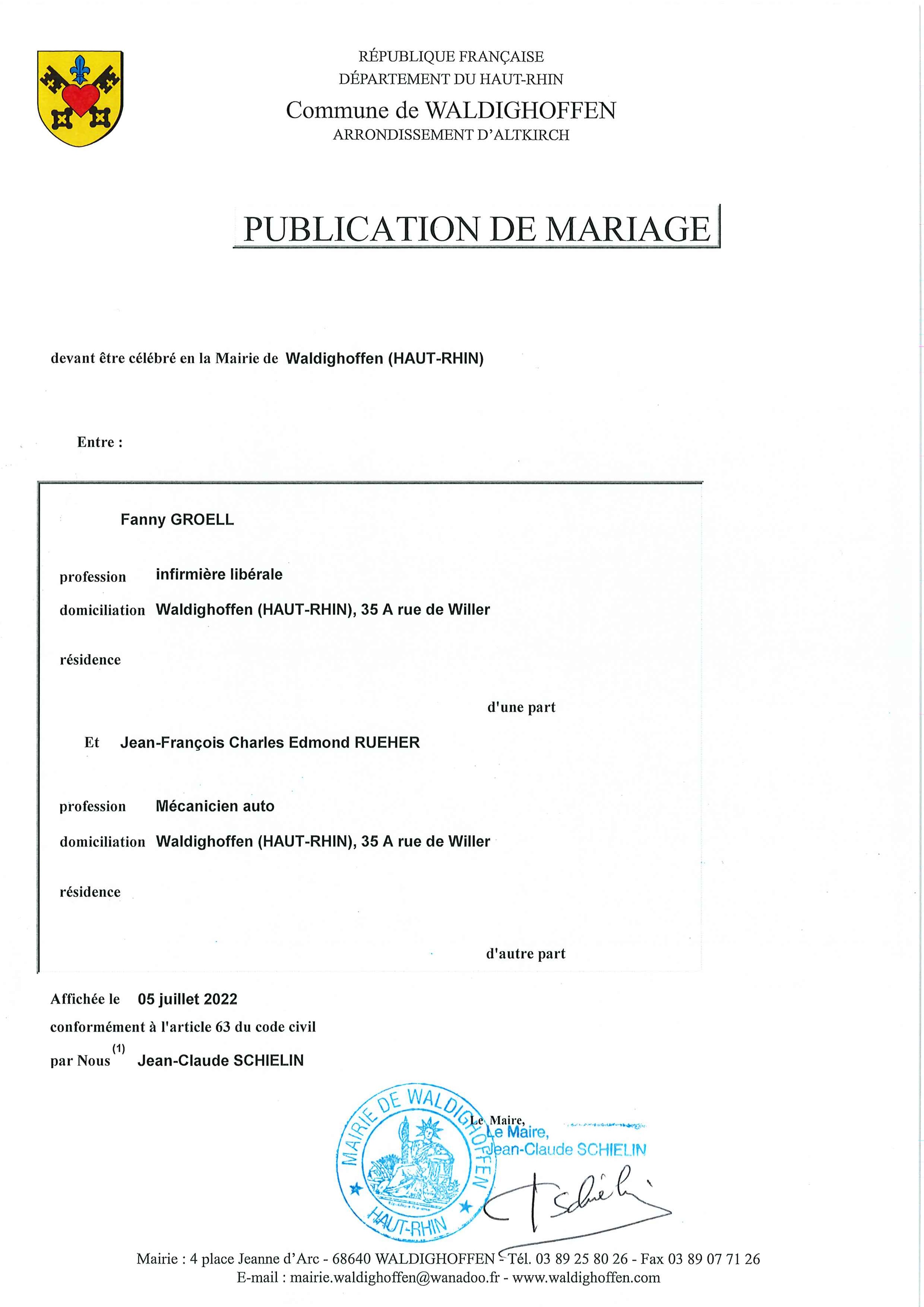 Publication mariage Rueher Jean-François et Groell Fanny
