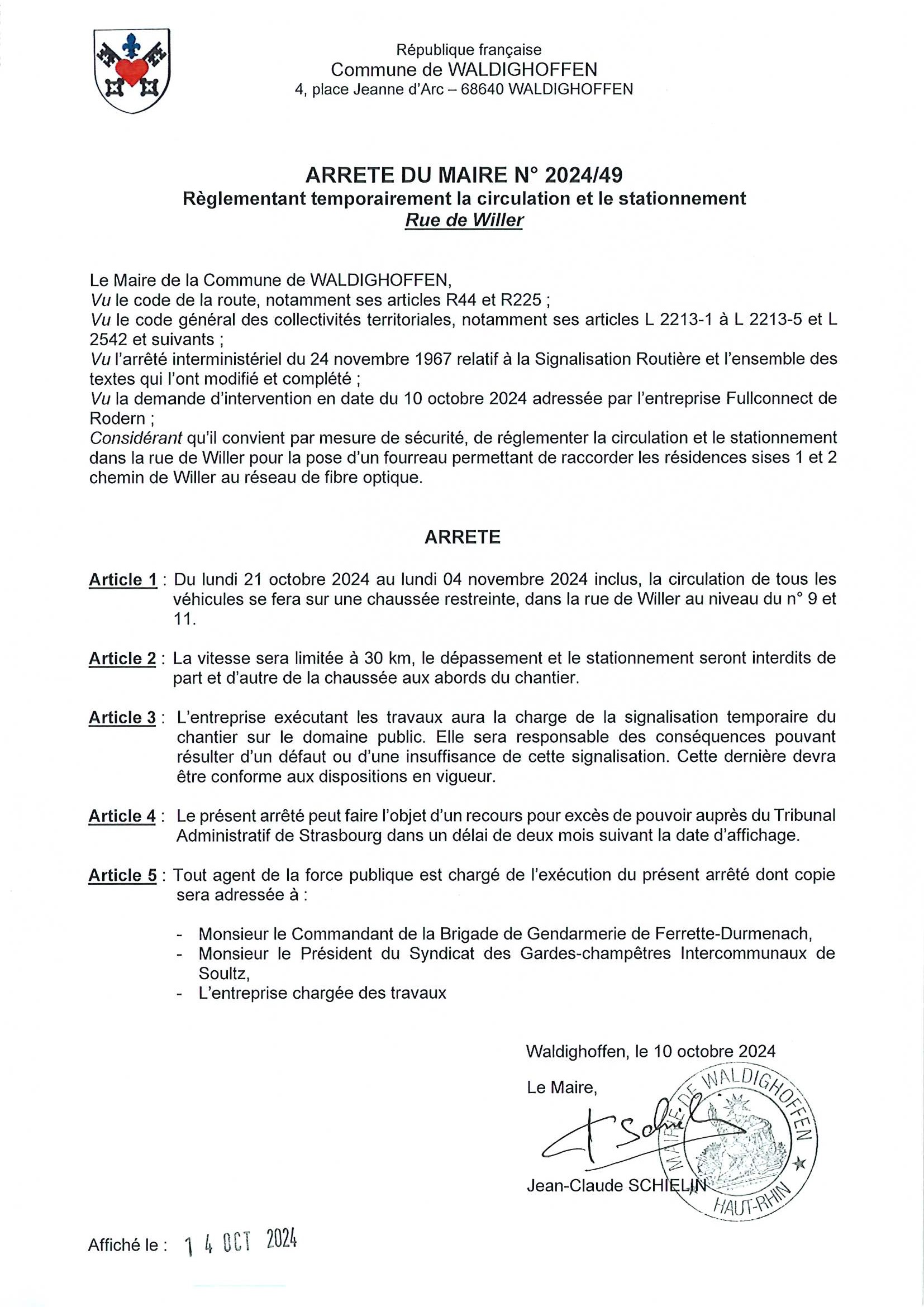 Arrêté 2024/49 réglementant la circulation rue de Willer du 21/01/2024 au 04/11/2024