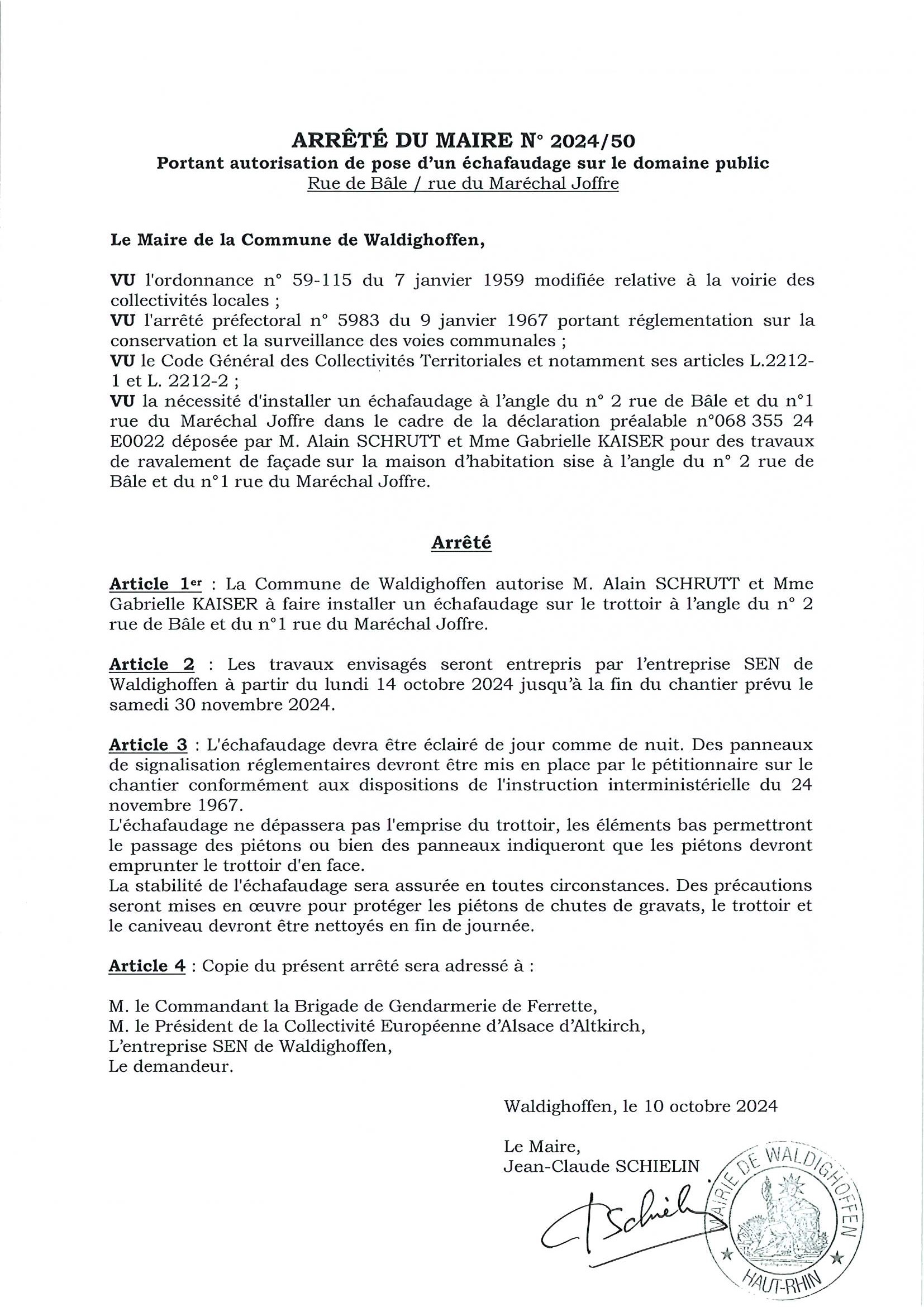 Arrêté 2024/50 Pose échafaudage angle rues de Bâle/Joffre sur domaine public du 14/10/2024 au 30/11/2024