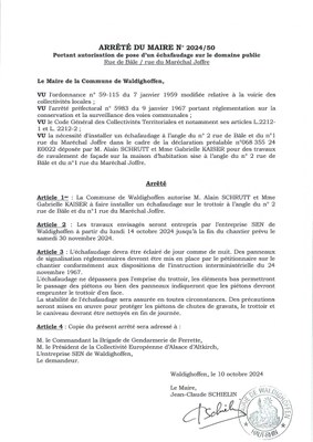 Arrêté 2024/50 Pose échafaudage angle rues de Bâle/Joffre sur domaine public du 14/10/2024 au 30/11/2024