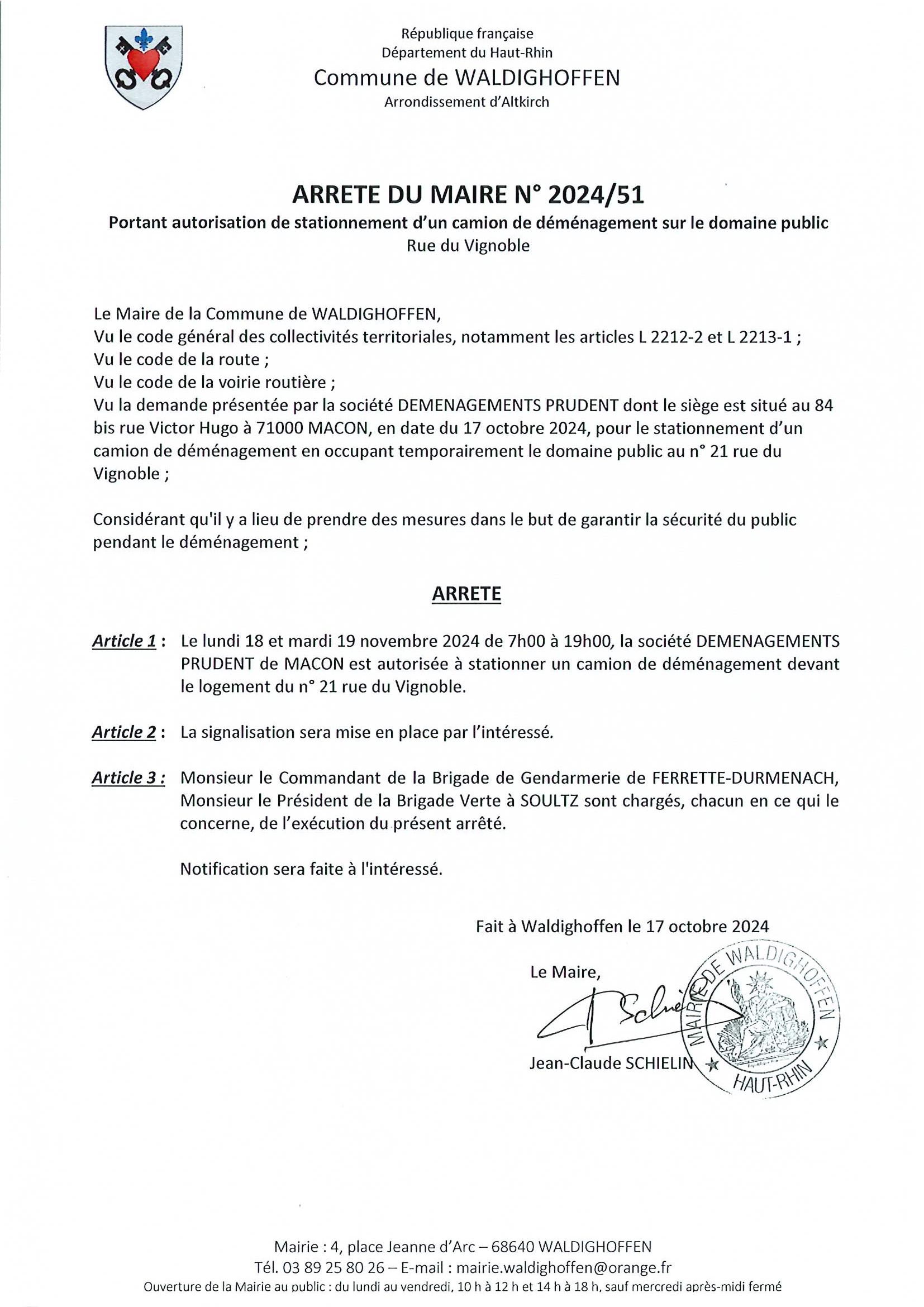 Arrêté 2024/51 Stationnement d'un camion sur domaine public rue du Vignoble du 18/11/2024 au 19/11/2024