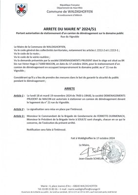 Arrêté 2024/51 Stationnement d'un camion sur domaine public rue du Vignoble du 18/11/2024 au 19/11/2024