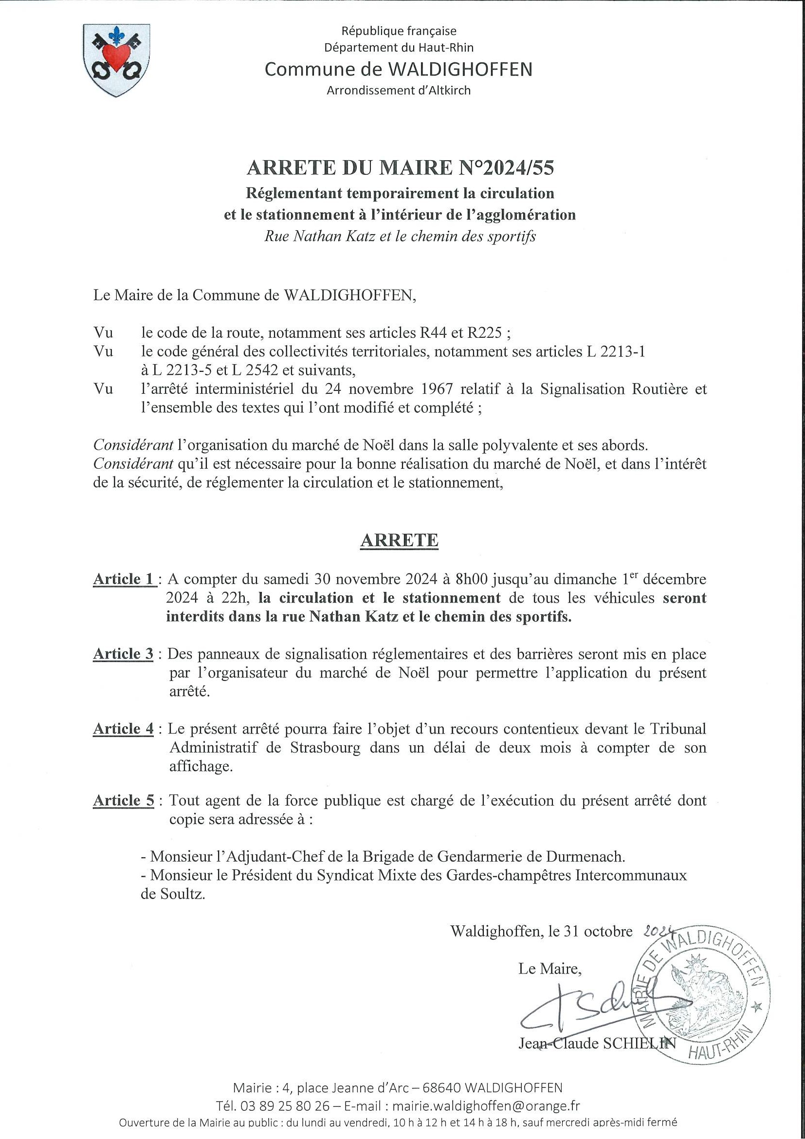 Arrêté du Maire 2024/55. Circulation rues Nathan Katz et Sportif les 30/11 et 01/12/2024
