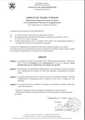 Arrêté du Maire 2024/55. Circulation rues Nathan Katz et Sportif les 30/11 et 01/12/2024