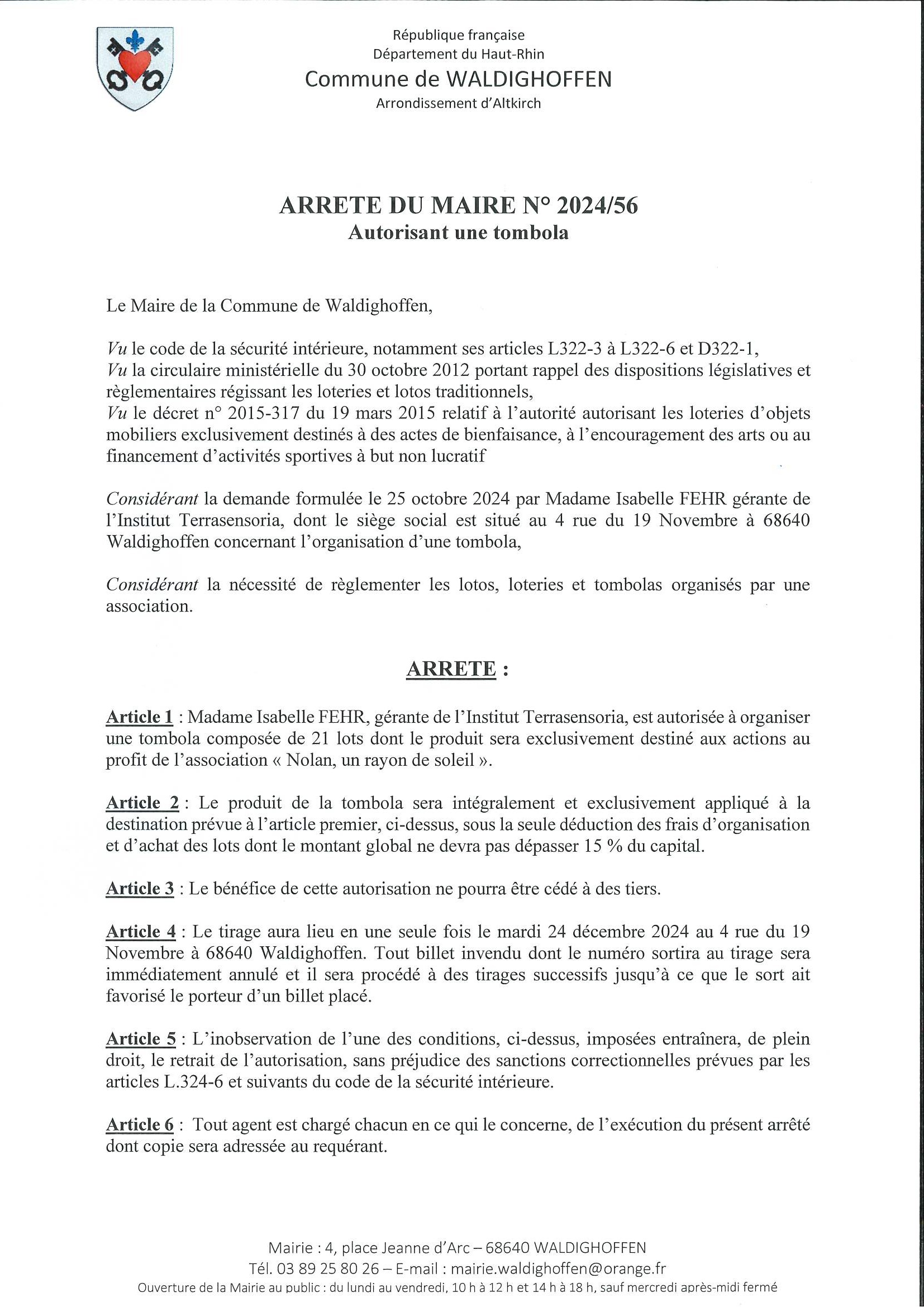 Arrêté du Maire 2024/56 autorisant une tombola - page 1